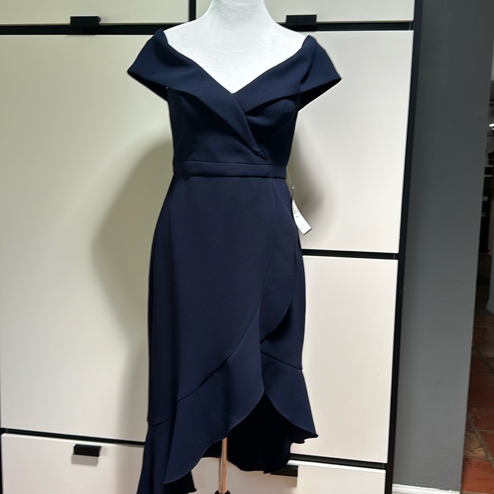 Beautiful off shoulder navy asymmetrical dress NWT